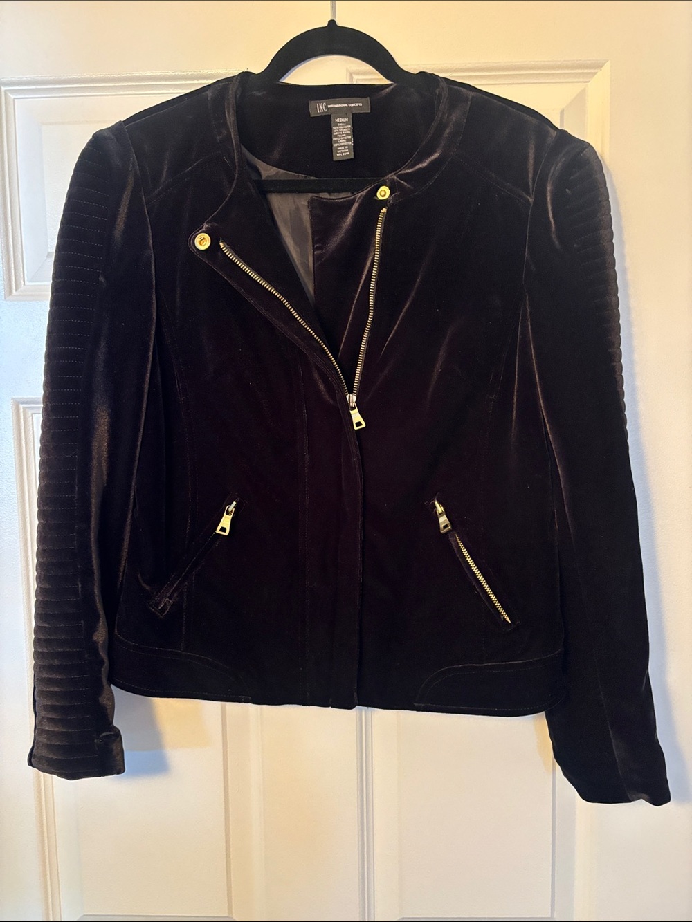 INC International Concepts Black Velvet Moto Jacket with Gold Hardware
